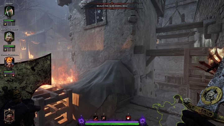 Jump on the object presented in the picture above (covered by some sort of material) - Grimoires in Act II | Warhammer Vermintide 2 - Grimoires - Warhammer Vermintide 2 Game Guide