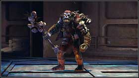 In the next chamber go downstairs and pick up Plasma Gun from blue container [1] - 6 - Lair of Giants - Walkthrough - Warhammer 40,000: Space Marine - Game Guide and Walkthrough