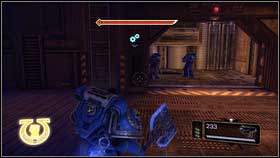 When cut-scene ended, defeat small demon's squad [1] and get to the elevator [2] - 11 - Point of no Return - Walkthrough - Warhammer 40,000: Space Marine - Game Guide and Walkthrough
