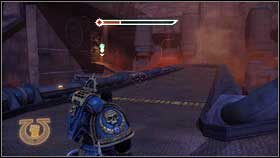 At the end of the square turn right [1] and head for place marked with pulsating fist [2] - 15 - Prince of Daemons - Walkthrough - Warhammer 40,000: Space Marine - Game Guide and Walkthrough