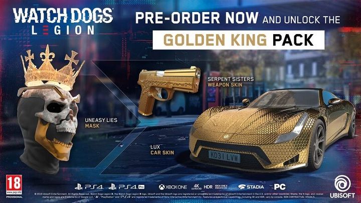 In addition, if purchased in pre-order, you can count on additional content in the form of a digital Golden King pack, which includes gold skins for weapons and cars and a special mask for the hero - Watch Dogs Legion Guide
