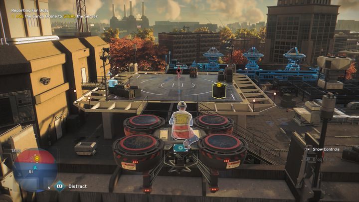 Do not get off the drone, just fly to the indicated location, then connect the indicated server to the drone (fly up, then drop down to touch the server with the drone's base) - Watch Dogs Legion: Reporting for Duty - walkthrough - DedSec Missions - Watch Dogs Legion Guide