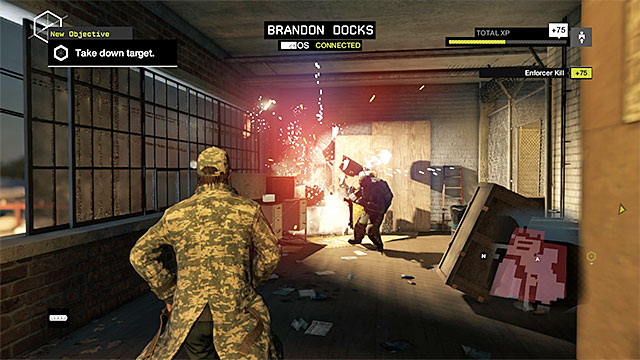 The explosion of the objects in the environment will kill the enemy enforcer - Mission 2 (Breakable Things) | Main missions - Act II - Main missions - Act II - Watch Dogs Game Guide