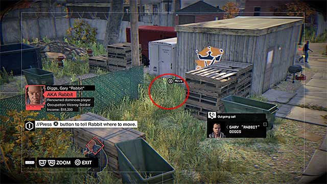 The ending to this mission is quite unique, because you need to issue instructions to Rabbit, while keeping him out of sight, and trying to get him to the exit, from the red zone, marked by the game - Mission 8 (Not a Job for Tyrone) | Main missions - Act II - Main missions - Act II - Watch Dogs Game Guide