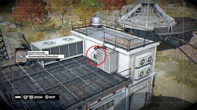Remain on the balcony and hack into the camera on another dish, which you can see in the distance - Mission 1 (Hope Is a Sad Thing) | Main missions - Act III - Main missions - Act III - Watch Dogs Game Guide