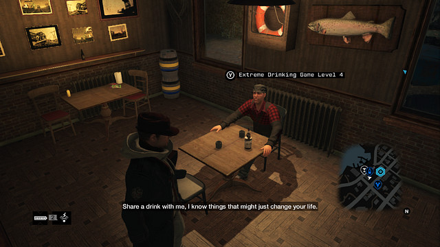 The table at the bar in Pawnee - Drinking and shell game | City Activities (minigames and challenges) - City Activities (minigames and challenges) - Watch Dogs Game Guide