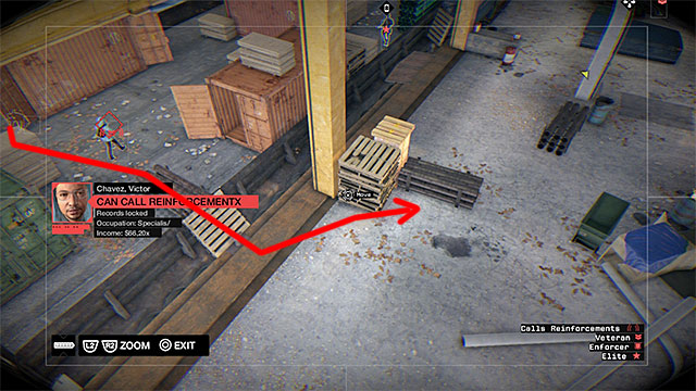 Switch to the next camera and do nothing, until the nearby guard goes back towards the red containers, which Nicole has just passed by - Mission 5 (Little Sister) | Main missions - Act IV - Main missions - Act IV - Watch Dogs Game Guide