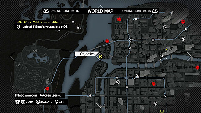 Your next task is to upload the virus to the ctOS system, and you need to do that in three different spots, spread all around the city - Mission 1 (Sometimes You Still Lose) | Main missions - Act V - Main missions - Act V - Watch Dogs Game Guide