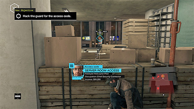 The person with the access code, who you are after, is on the upper level of the building and he has been shown in the above screenshot (locate him by scanning the guards with the Profiler app) - Mission 3 (Backstage Pass) | Main missions - Act I - Main missions - Act I - Watch Dogs Game Guide