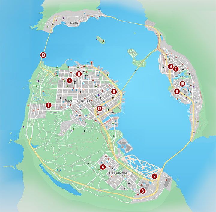 The picture above shows all of the graffiti locations - Paint Job (graffiti mission) | Side Operations - Side Operations - Watch Dogs 2 Game Guide