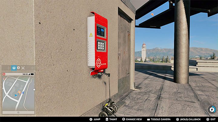 Activate the jumper and activate NetHack mode to locate a closed-circuit terminal - its on the roof, next to the billboard - Paint Job (graffiti mission) | Side Operations - Side Operations - Watch Dogs 2 Game Guide
