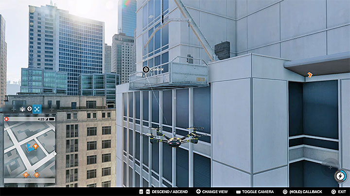 Now activate the quadcopter, fly towards the lift shown above and bring it down to ground level - Paint Job (graffiti mission) | Side Operations - Side Operations - Watch Dogs 2 Game Guide