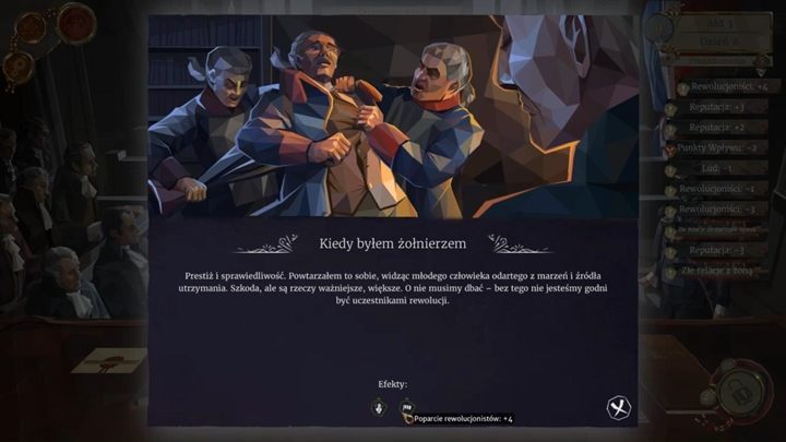 Before the trial you will get a notification what bonuses/penalties you received for the previous choice related to the imposter soldier - Day 6 - Michel Gaubert, soldier - Act 3 - Fraternité - We. The Revolution Guide