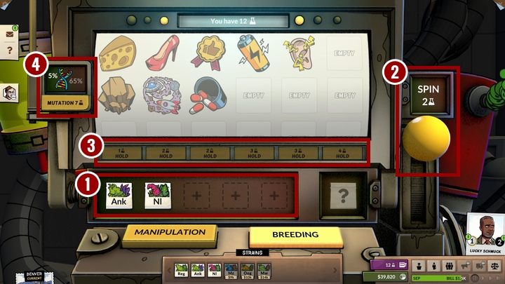 On the crossbreeding panel, you will see the available slots in which you can place the available options [1] - How does species crossbreed work in Weedcraft Inc? - FAQ - Weedcraft Inc Guide