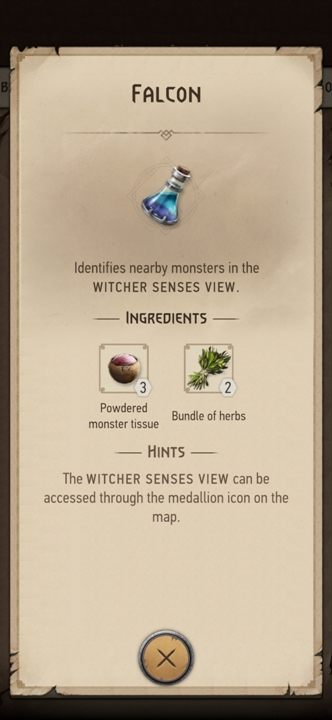 Effect: increases the range of the witcher's senses - Witcher Monster Slayer: Potions Recipes - list - Witcher Monster Slayer: Recipes - Witcher Monster Slayer Guide