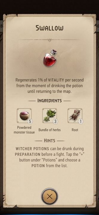 Action: regenerates 1% of health - Witcher Monster Slayer: Potions Recipes - list - Witcher Monster Slayer: Recipes - Witcher Monster Slayer Guide