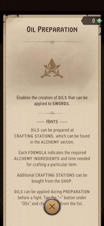 Effect: allows you to create oils - Witcher Monster Slayer: Alchemy skills - Witcher Monster Slayer: Skills - Witcher Monster Slayer Guide