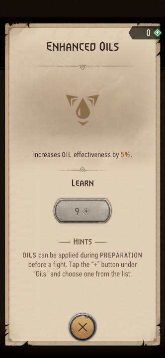 Effect: increases the effectiveness of oils - Witcher Monster Slayer: Alchemy skills - Witcher Monster Slayer: Skills - Witcher Monster Slayer Guide