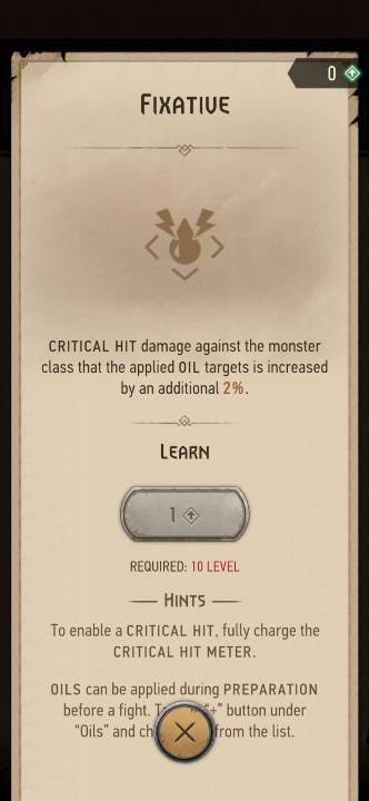 Effect: increases critical hit damage against the monster class that the applied oil targets - Witcher Monster Slayer: Alchemy skills - Witcher Monster Slayer: Skills - Witcher Monster Slayer Guide