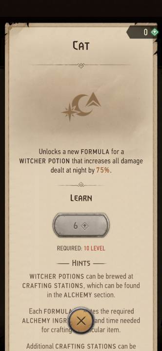 Effect: allows you to create the Cat potion - Witcher Monster Slayer: Alchemy skills - Witcher Monster Slayer: Skills - Witcher Monster Slayer Guide