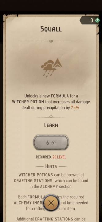 Effect: allows you to create the Squall potion - Witcher Monster Slayer: Alchemy skills - Witcher Monster Slayer: Skills - Witcher Monster Slayer Guide
