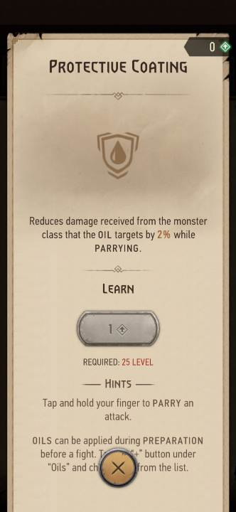 Effect: reduces the damage taken from a monster class the oil targets when parrying - Witcher Monster Slayer: Alchemy skills - Witcher Monster Slayer: Skills - Witcher Monster Slayer Guide