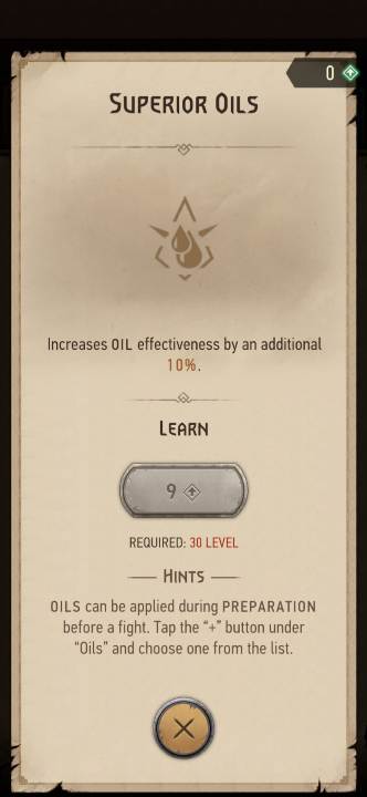 Effect: increases the effectiveness of oils - Witcher Monster Slayer: Alchemy skills - Witcher Monster Slayer: Skills - Witcher Monster Slayer Guide