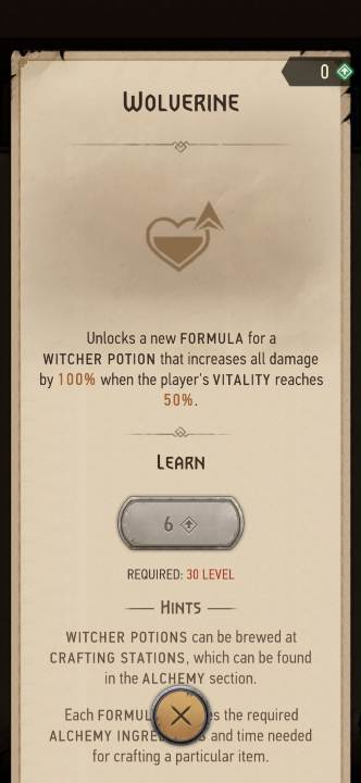 Effect: allows you to create the Wolverine potion - Witcher Monster Slayer: Alchemy skills - Witcher Monster Slayer: Skills - Witcher Monster Slayer Guide