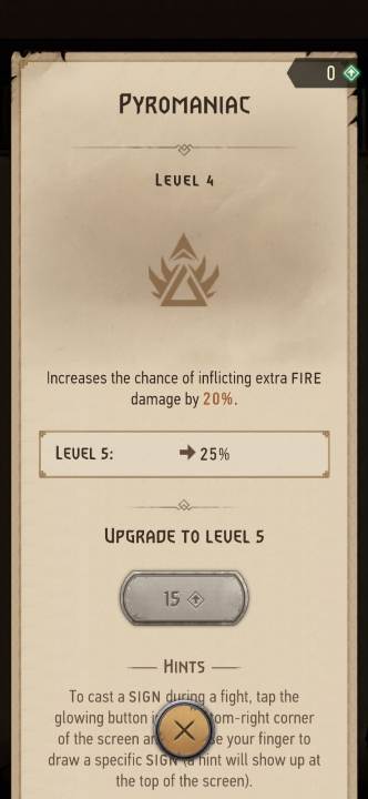 Effect: increases damage dealt by the Igni sign - Witcher Monster Slayer: Signs skills - Witcher Monster Slayer: Skills - Witcher Monster Slayer Guide