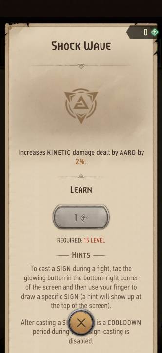 Effect: increases the damage of the Aard sign - Witcher Monster Slayer: Signs skills - Witcher Monster Slayer: Skills - Witcher Monster Slayer Guide