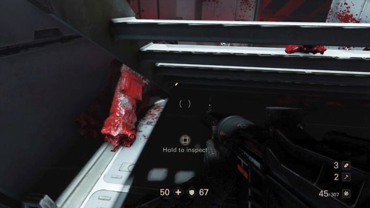 The collectible hidden under the stairs. - Secrets in Under Siege - Mission 1 - Reunion - Chapter 1 - Reunion - Wolfenstein II: The New Colossus Game Guide