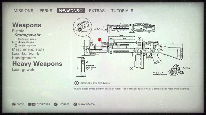 The weapon upgrade screen. - How to upgrade weapons? - FAQ - Wolfenstein II: The New Colossus Game Guide