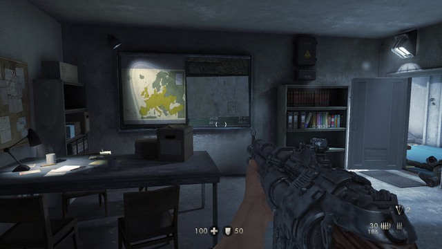 At the end of the road go through the door and start shooting at the combat drones - Chapter 4 - Escape! - Walkthrough - Wolfenstein: The Old Blood - Game Guide and Walkthrough