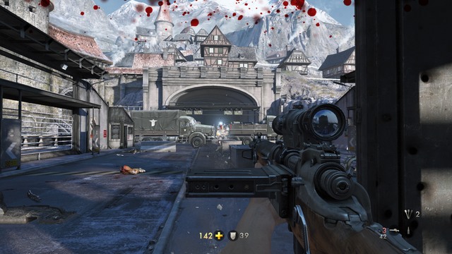 Get your sniper rifle ready, and while using the cover of the roof, kill all incoming enemies - Chapter 4 - Escape! - Walkthrough - Wolfenstein: The Old Blood - Game Guide and Walkthrough