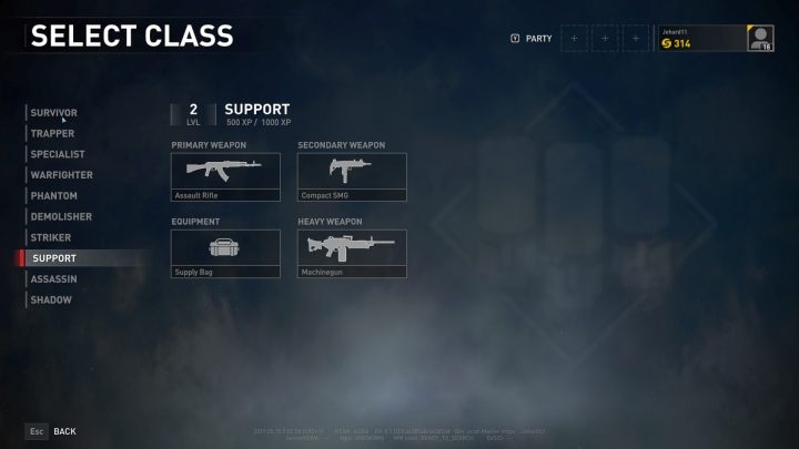 The Support class selection screen. - Player vs Player World War Z - character classes - Player vs Player mode - World War Z Guide