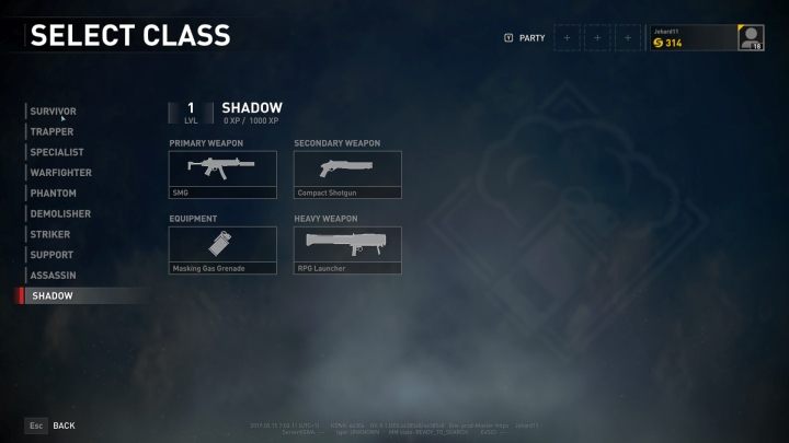 The Shadow class selection screen. - Player vs Player World War Z - character classes - Player vs Player mode - World War Z Guide