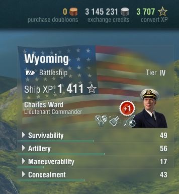 In the upper right corner of the screen you will find a precise amount of premium currency, credits and free experience points that you have, and the currently selected warship - The port - Game interface - World of Warships - Game Guide and Walkthrough