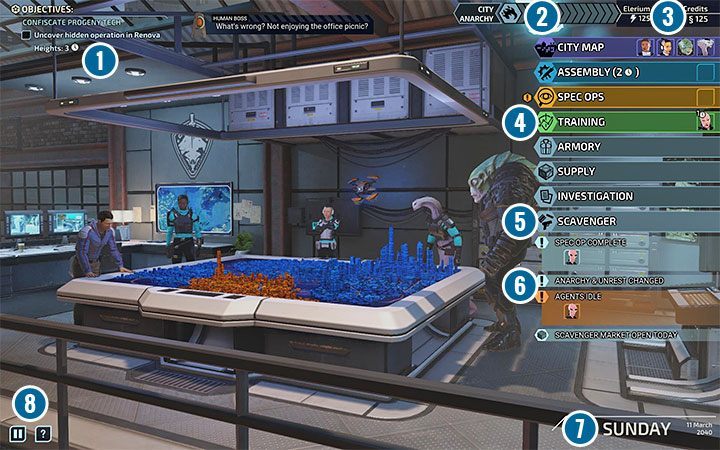 The image above shows a sample command center main screen - XCOM Chimera Squad: User Interface - Basics - XCOM Chimera Squad Guide