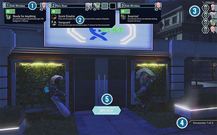 The image above shows an example of a Breaching screen - XCOM Chimera Squad: User Interface - Basics - XCOM Chimera Squad Guide