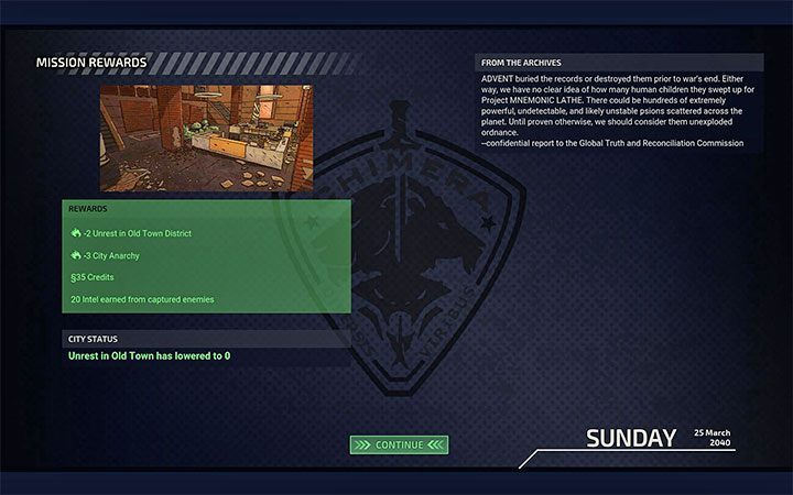 The second screen focuses mainly on rewards for completing the mission - XCOM Chimera Squad: Mission types - Basics - XCOM Chimera Squad Guide