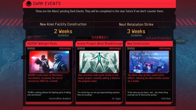A list of upcoming events can be checked by clicking on the text below the AVATAR Project progress bar. - Dark Events | Game mechanics - Game mechanics - XCOM 2 Game Guide
