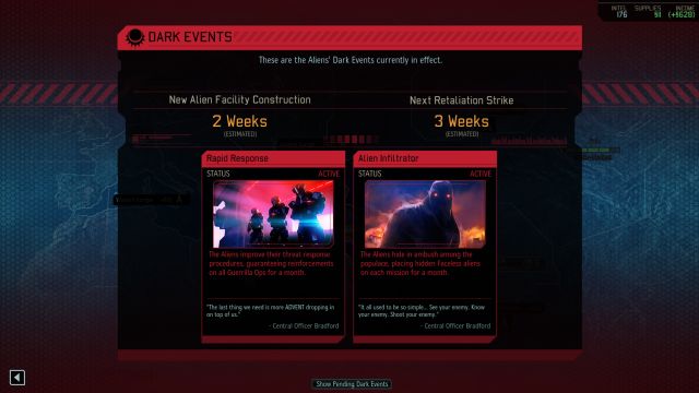 A list of active Dark Events can be checked by clicking on them on the left side of the screen, just below the objectives. - Dark Events | Game mechanics - Game mechanics - XCOM 2 Game Guide