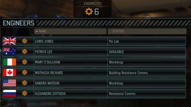 The screen showing what your engineers are doing and how many of them you have at your disposal. - Staff - Engineers and Scientists | Base development - Base development - XCOM 2 Game Guide
