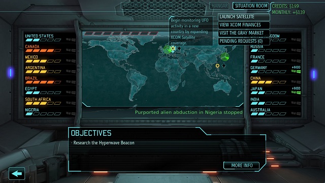 General view of the Situation Room - Satellites and funds - XCOM Base - XCOM: Enemy Unknown - Game Guide and Walkthrough