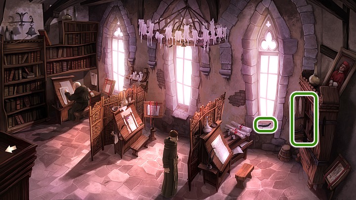 As brother Yago take from open wardrobe a saucer with sea salt (on the upper shelf) and compass (bottom shelf) - Chapter Two - The sacred monastery of Santa Brigida | Walkthrough - Walkthrough - Yesterday Origins Game Guide