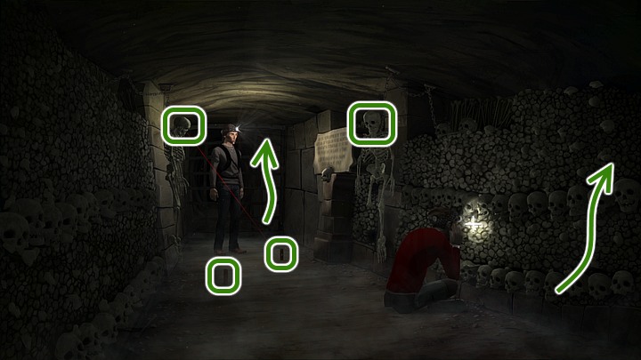 Look at the one of the skeletons and use laser pointer on the active point (on the skull) - Chapter Five - Catacombs | Walkthrough - Walkthrough - Yesterday Origins Game Guide