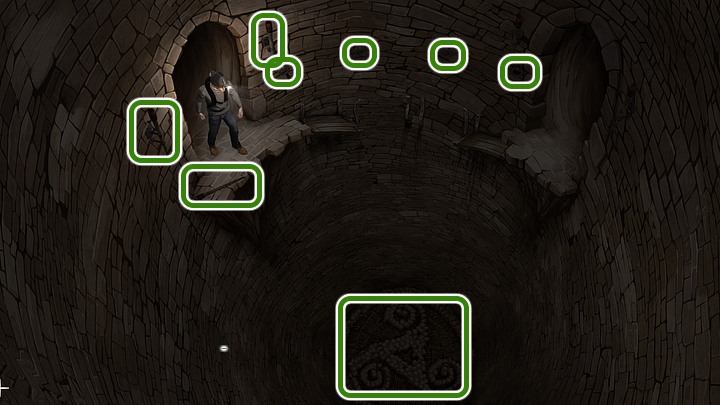 Notice four heavy iron rings on the wall close to the ruined bridge - Chapter Five - Catacombs | Walkthrough - Walkthrough - Yesterday Origins Game Guide